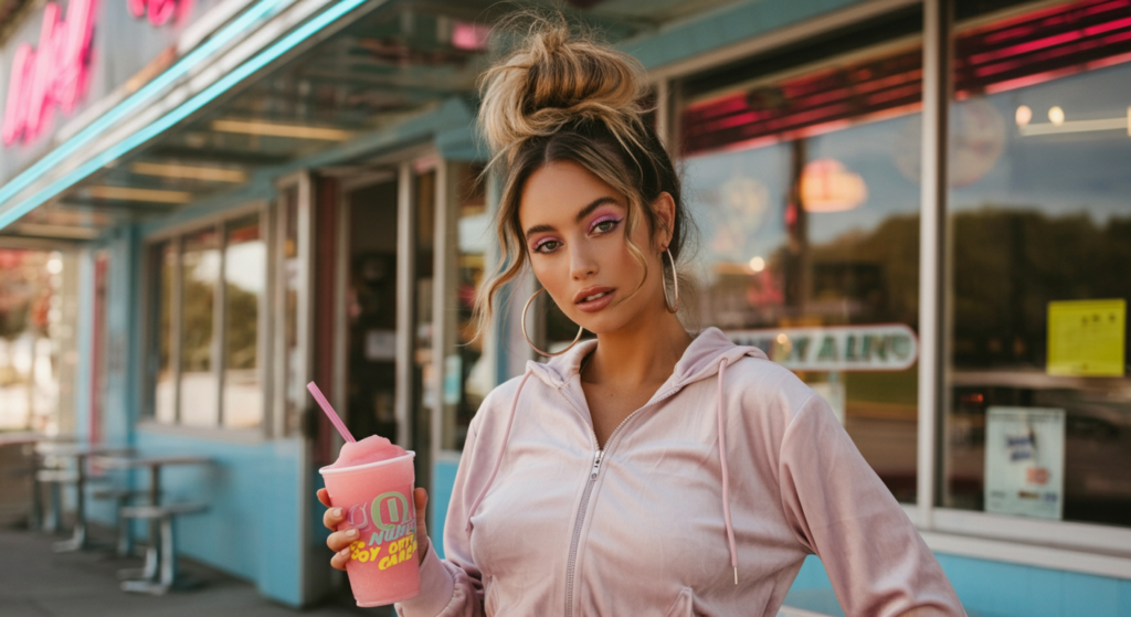Top Y2K Outfits That Are Bringing Back the 2000s in Style (With a 2025 Upgrade) 4 Pink velour tracksuit styled with hoop earrings and platform sneakers